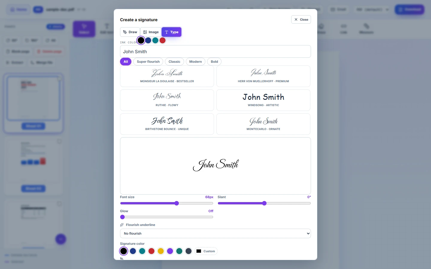 Create signature dialog showing several signature fonts and a live preview