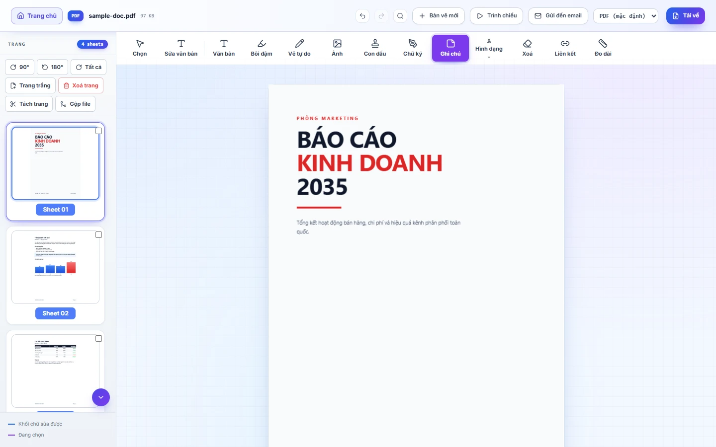 Trình chỉnh sửa PDF đang mở bảng ghi chú bên phải tài liệu