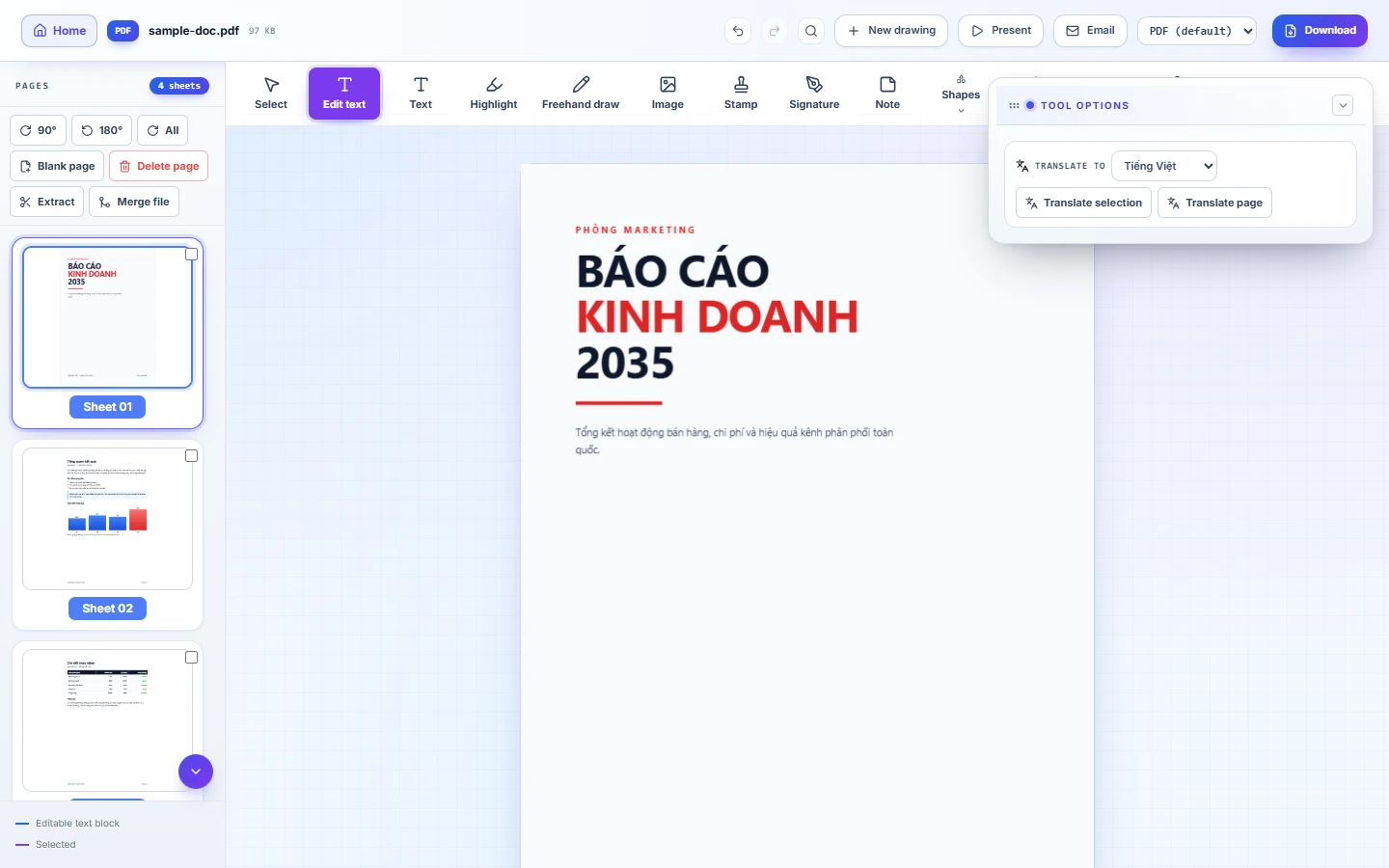 PDF editor in Edit text mode with the text block selected and the tool options panel open