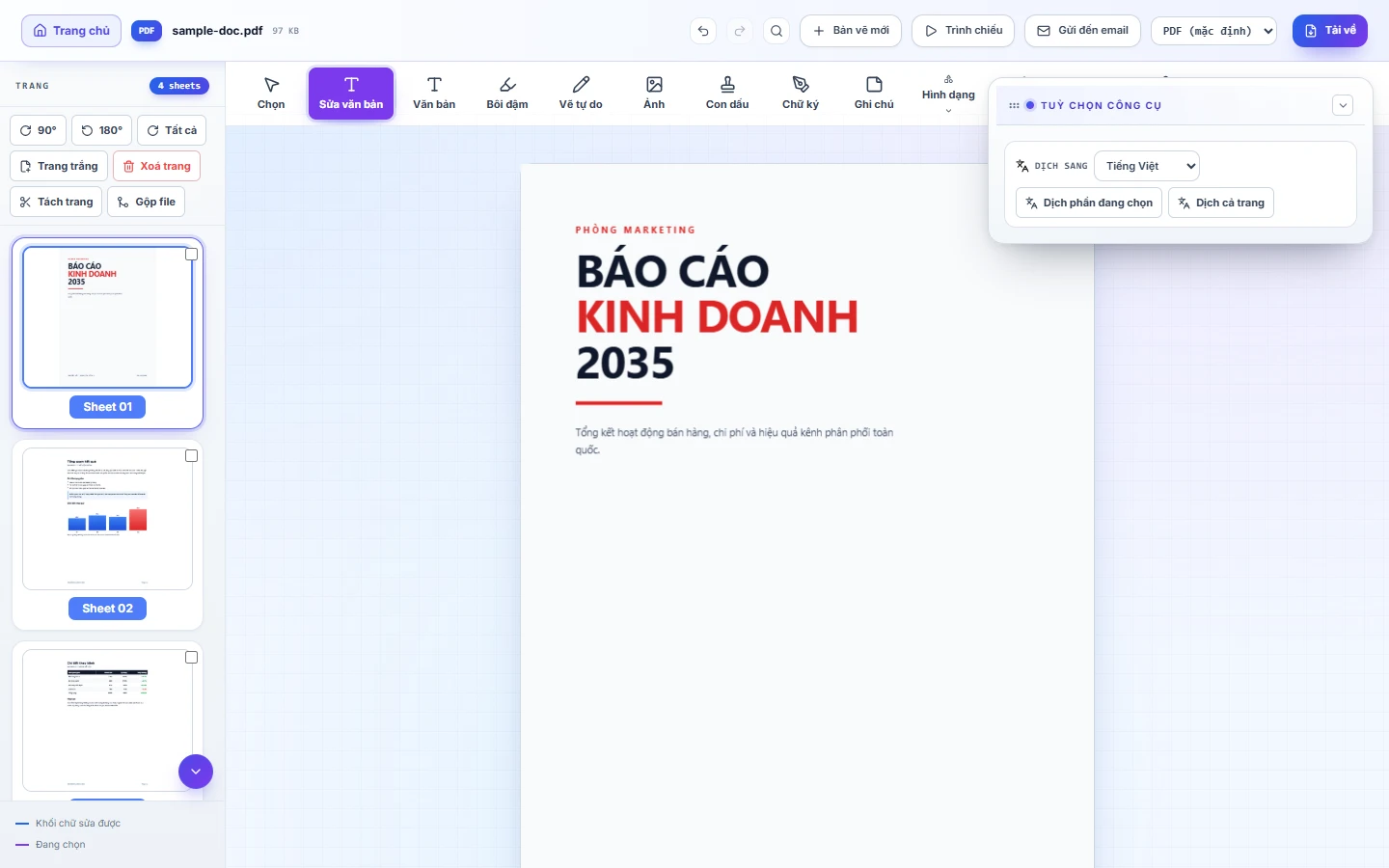 Trình chỉnh sửa PDF ở chế độ Sửa văn bản với khối chữ được chọn