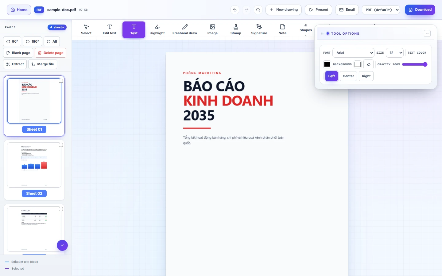 PDF editor with the text formatting panel open for adding new text
