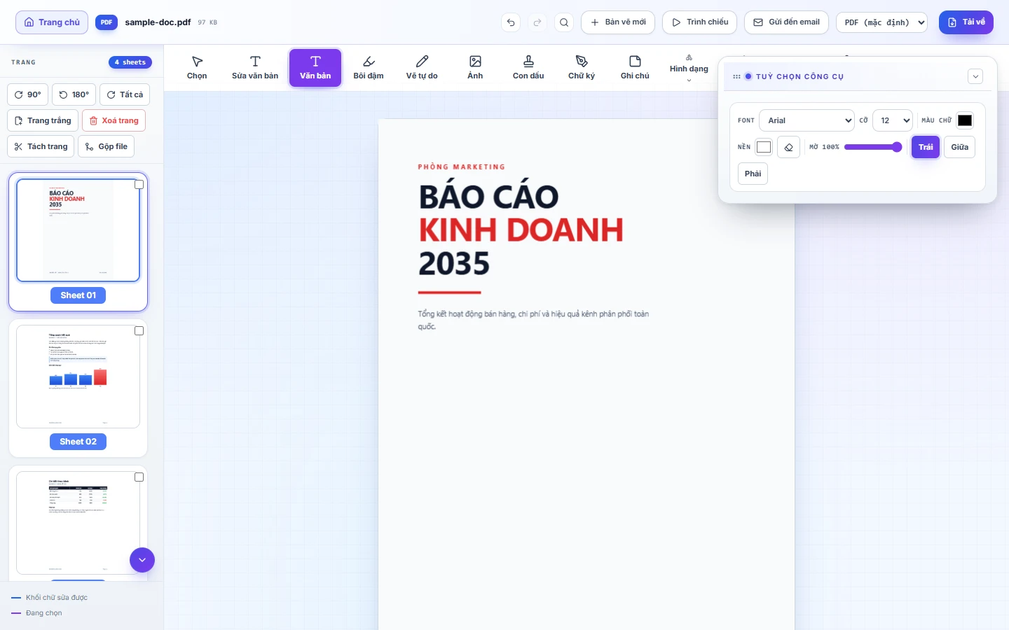 Trình chỉnh sửa PDF mở bảng định dạng văn bản để thêm chữ mới