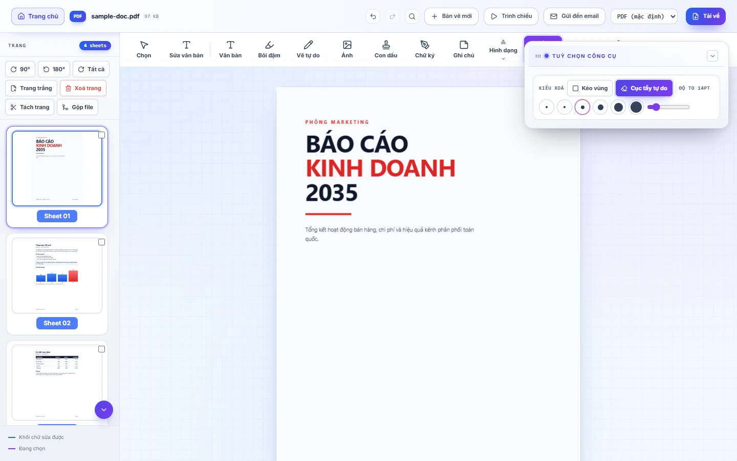Trình chỉnh sửa PDF mở bảng xoá nội dung với các chế độ xoá