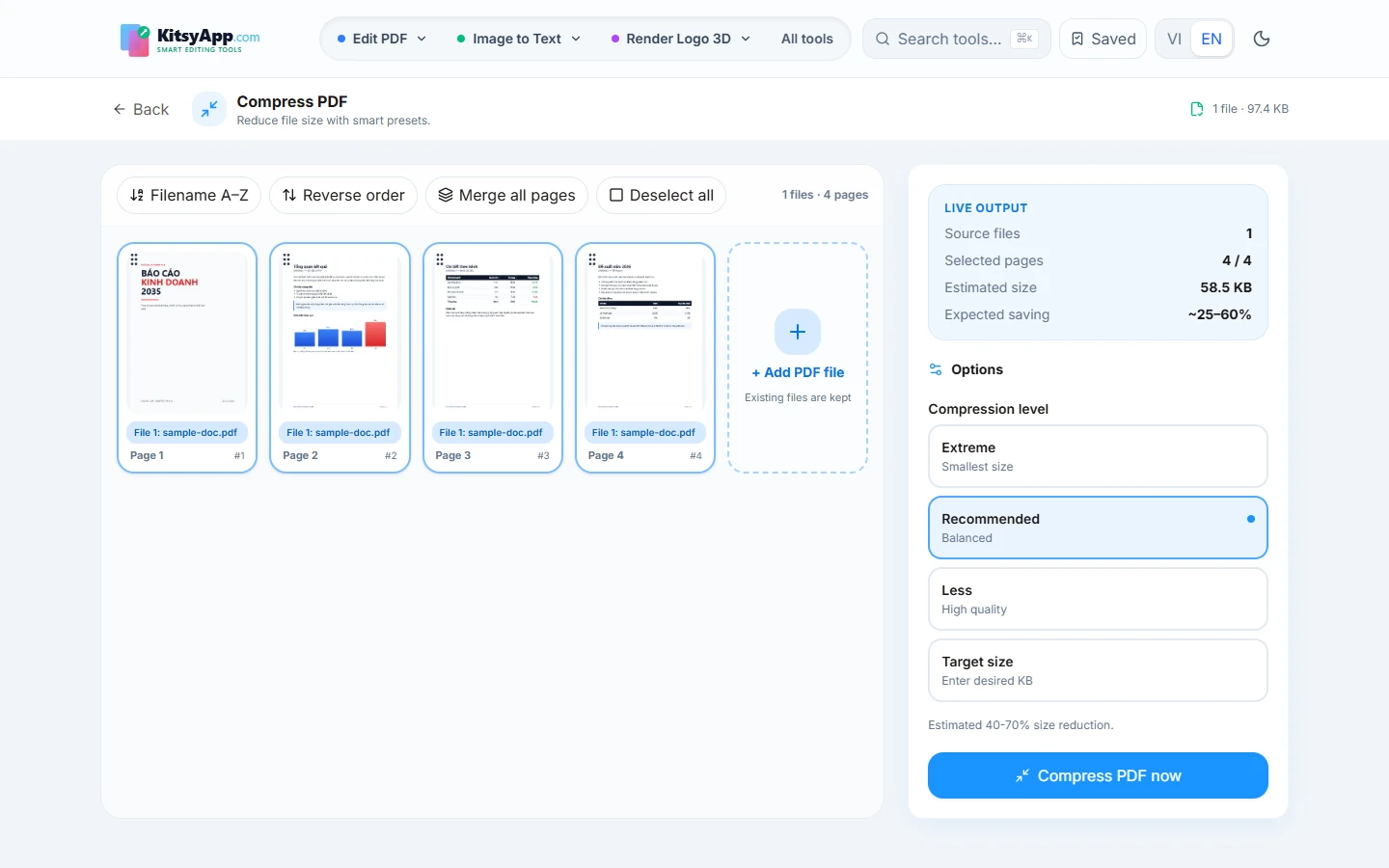 Compress PDF tool with the document loaded and compression levels listed