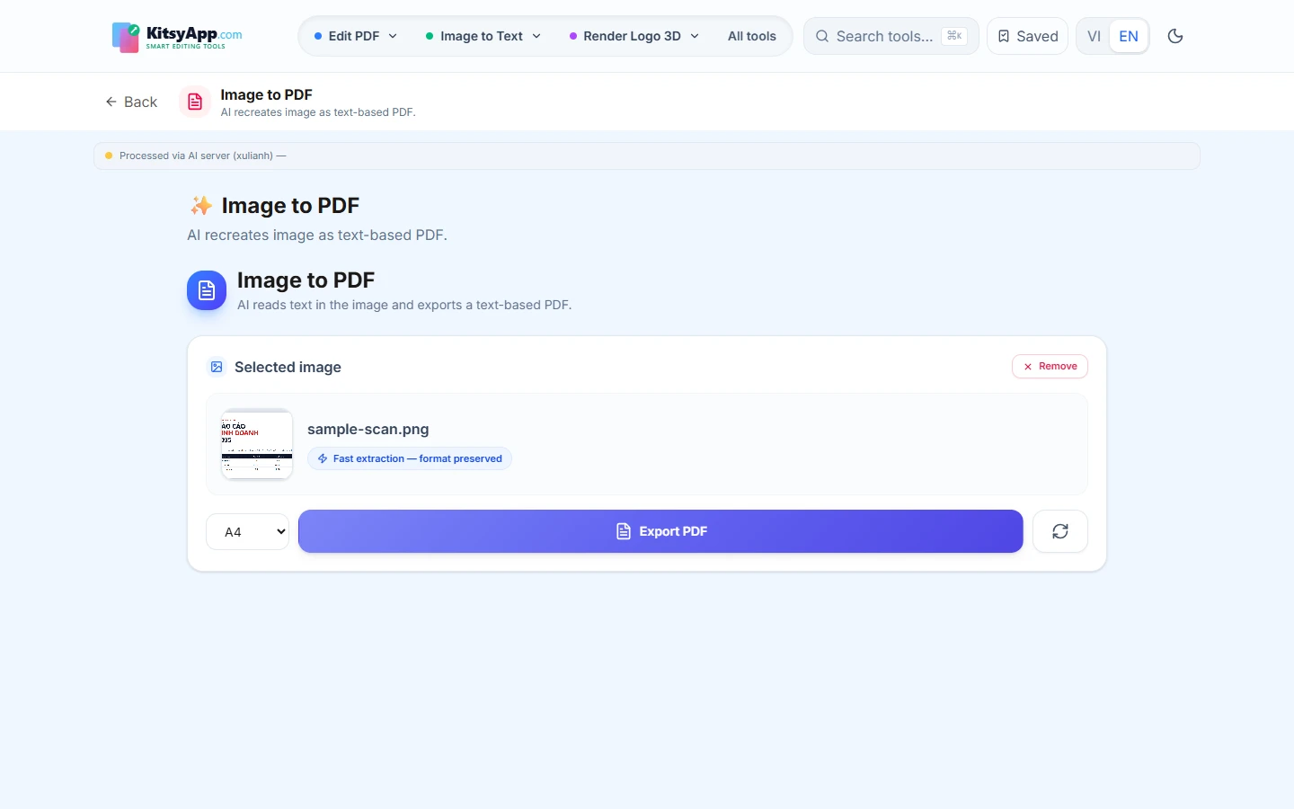 Images to PDF tool with a photo loaded and page size options