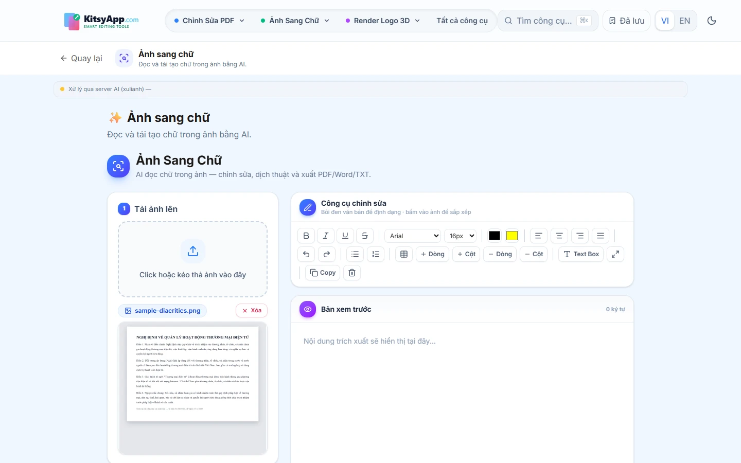 Trang văn bản tiếng Việt nhiều dấu được nạp vào công cụ nhận diện chữ