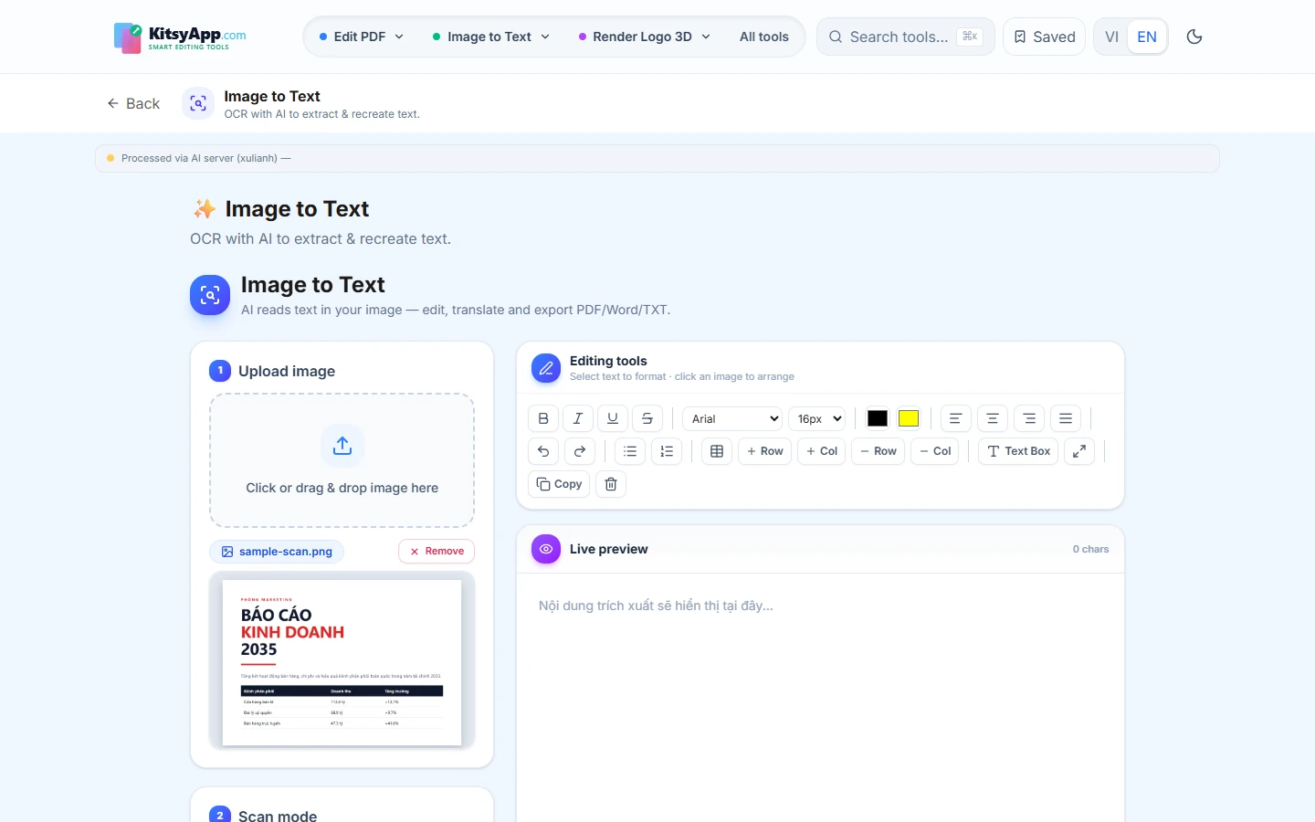 Image to text tool with a photo of a document loaded and the extracted text panel
