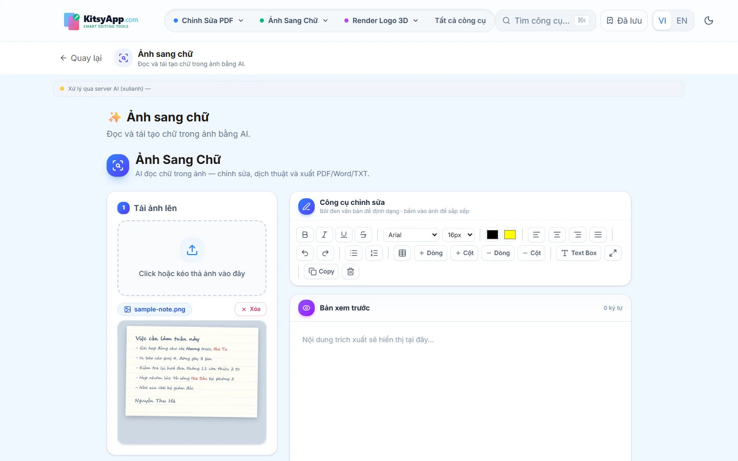 Trang ghi chú viết tay được nạp vào công cụ Ảnh sang chữ