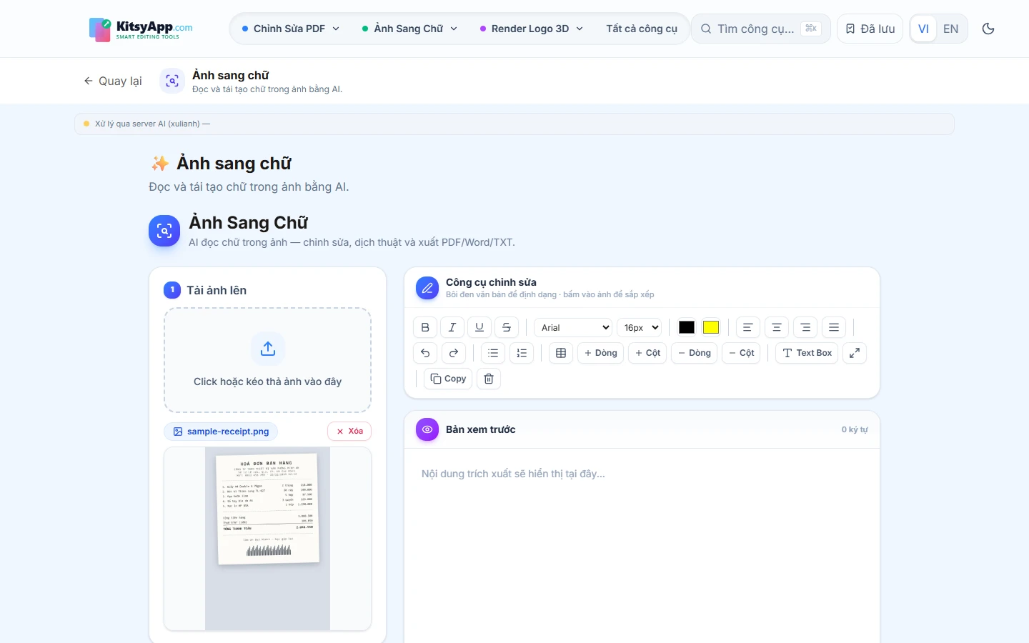 Hoá đơn in nhiệt được nạp vào công cụ nhận diện chữ, kèm khung xem trước