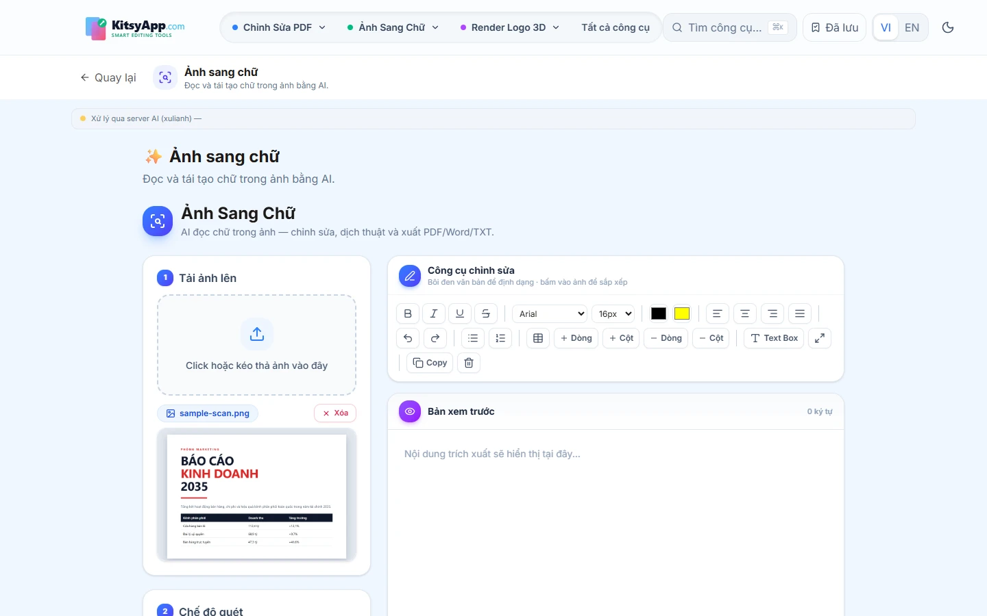 Công cụ Ảnh sang chữ với ảnh tài liệu đã nạp và khung kết quả