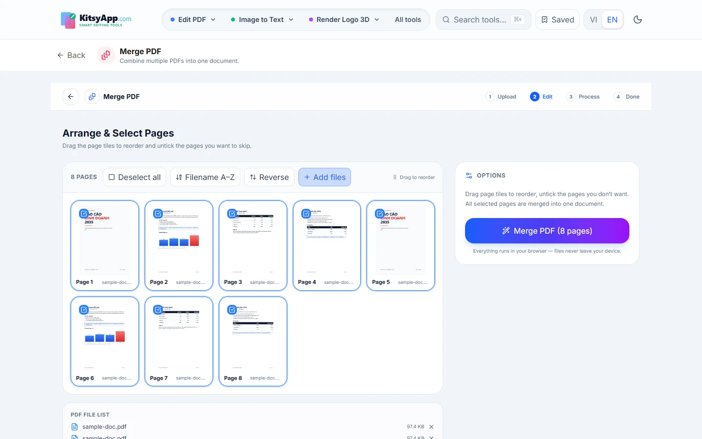 Merge PDF tool with two files loaded and a page organiser grid of 8 pages