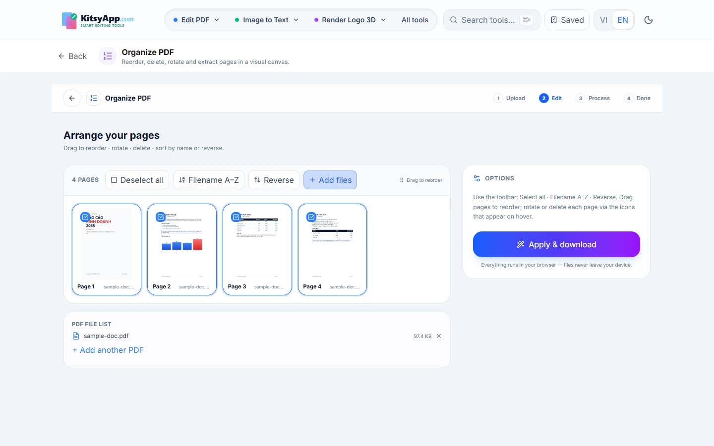 Organize PDF tool showing every page of the loaded document as a grid