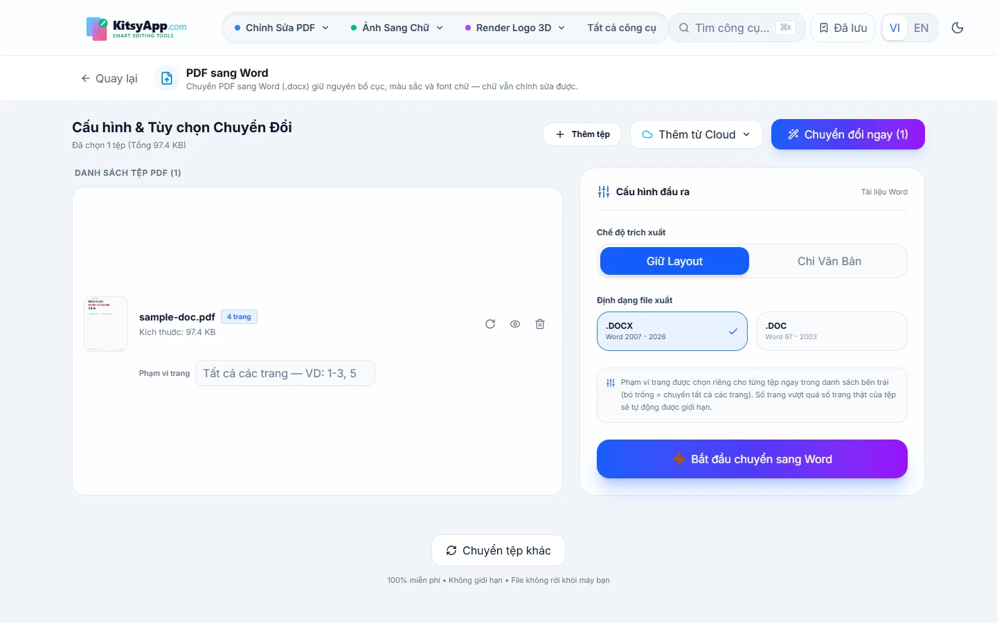 Công cụ chuyển PDF sang Word với tệp đã nạp