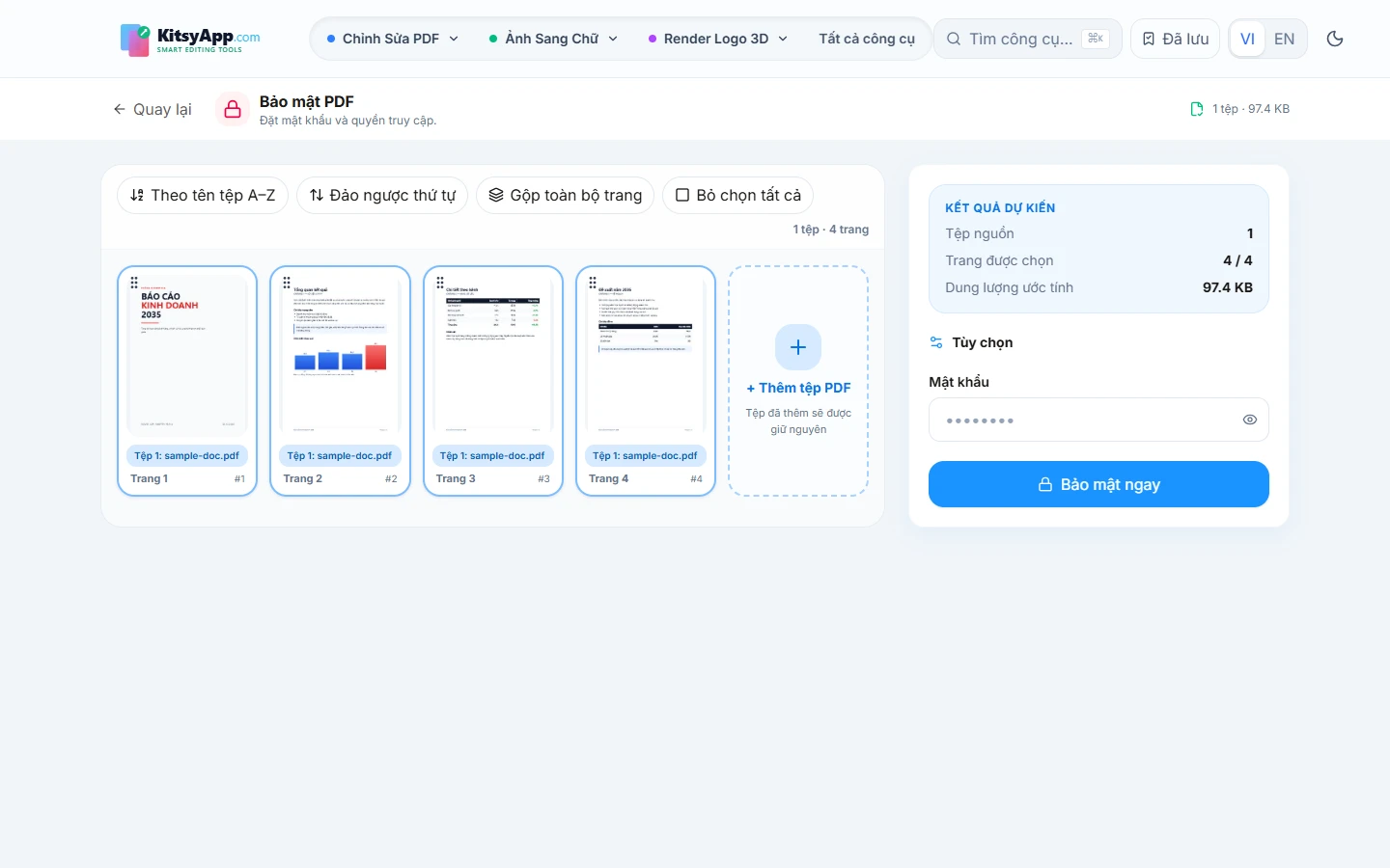 Công cụ đặt mật khẩu cho PDF với tệp đã nạp và ô nhập mật khẩu