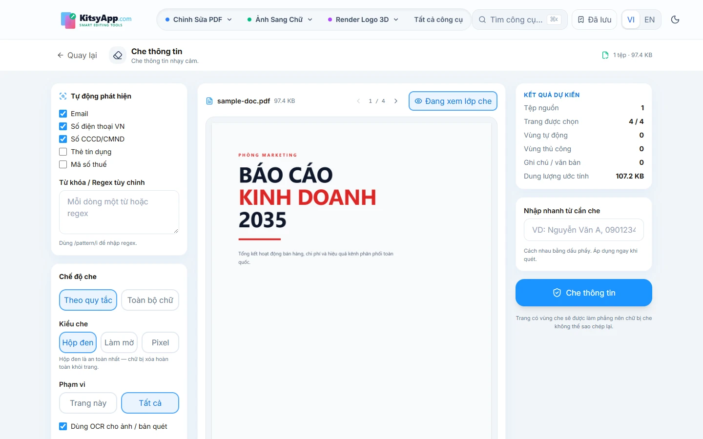 Công cụ che thông tin trong PDF với tài liệu đã nạp