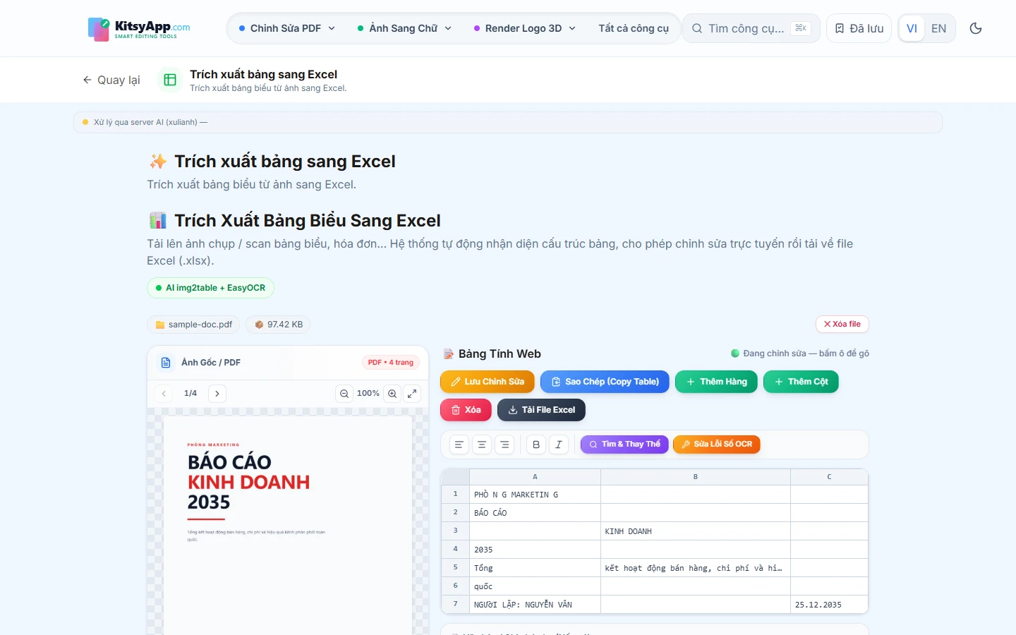 Công cụ trích xuất bảng sang Excel hiển thị bảng nhận diện được và trang gốc