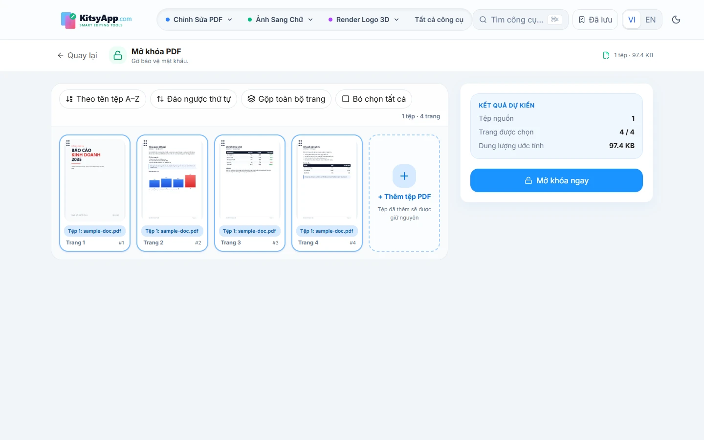Công cụ gỡ mật khẩu PDF với tệp đã nạp